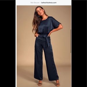 NEW LULUS jumpsuit jumper romper mirabella navy blue satin short sleeve party S